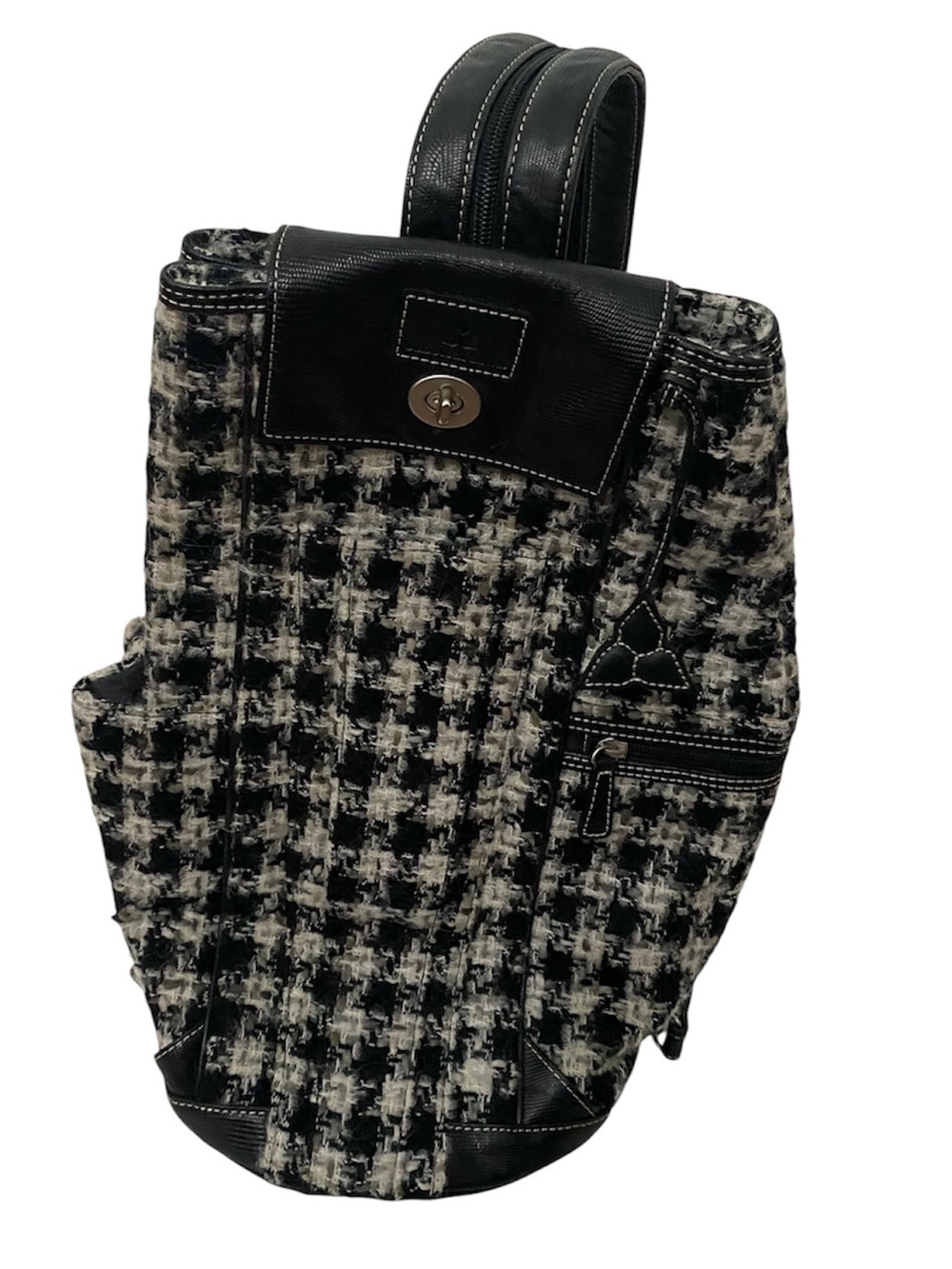 NWT Deborah Lewis Black & White Houndstooth Backpack Italian Leather Tweed